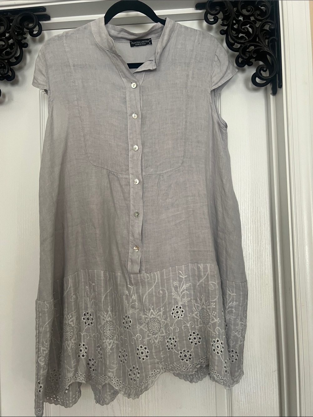 Francesca Bettini  Light Gray Linen Mini Dress with Embroidered Hem